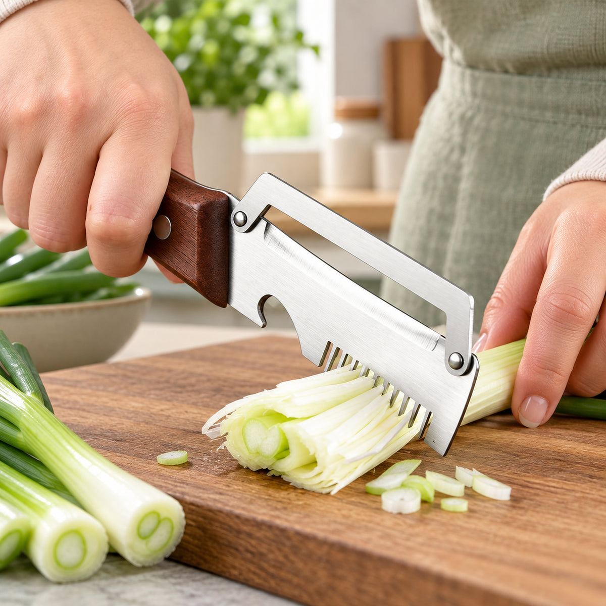 Using the multifunction cutter on green onion