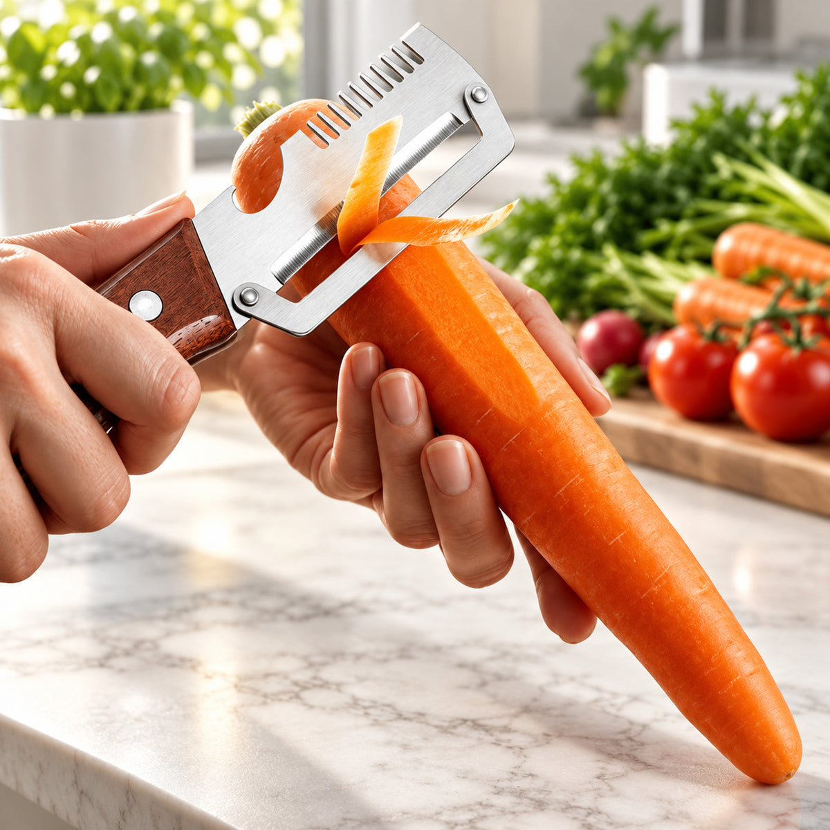 Using the 3-in-1 vegetable peeler on a carrot