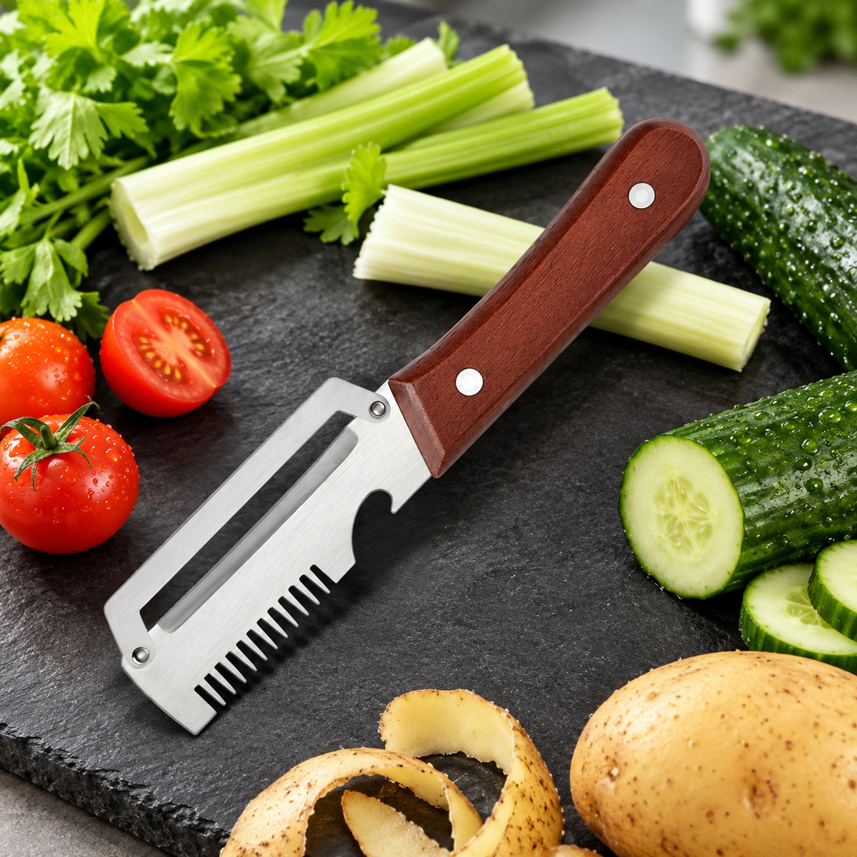 3-in-1 vegetable peeler with fresh vegetables