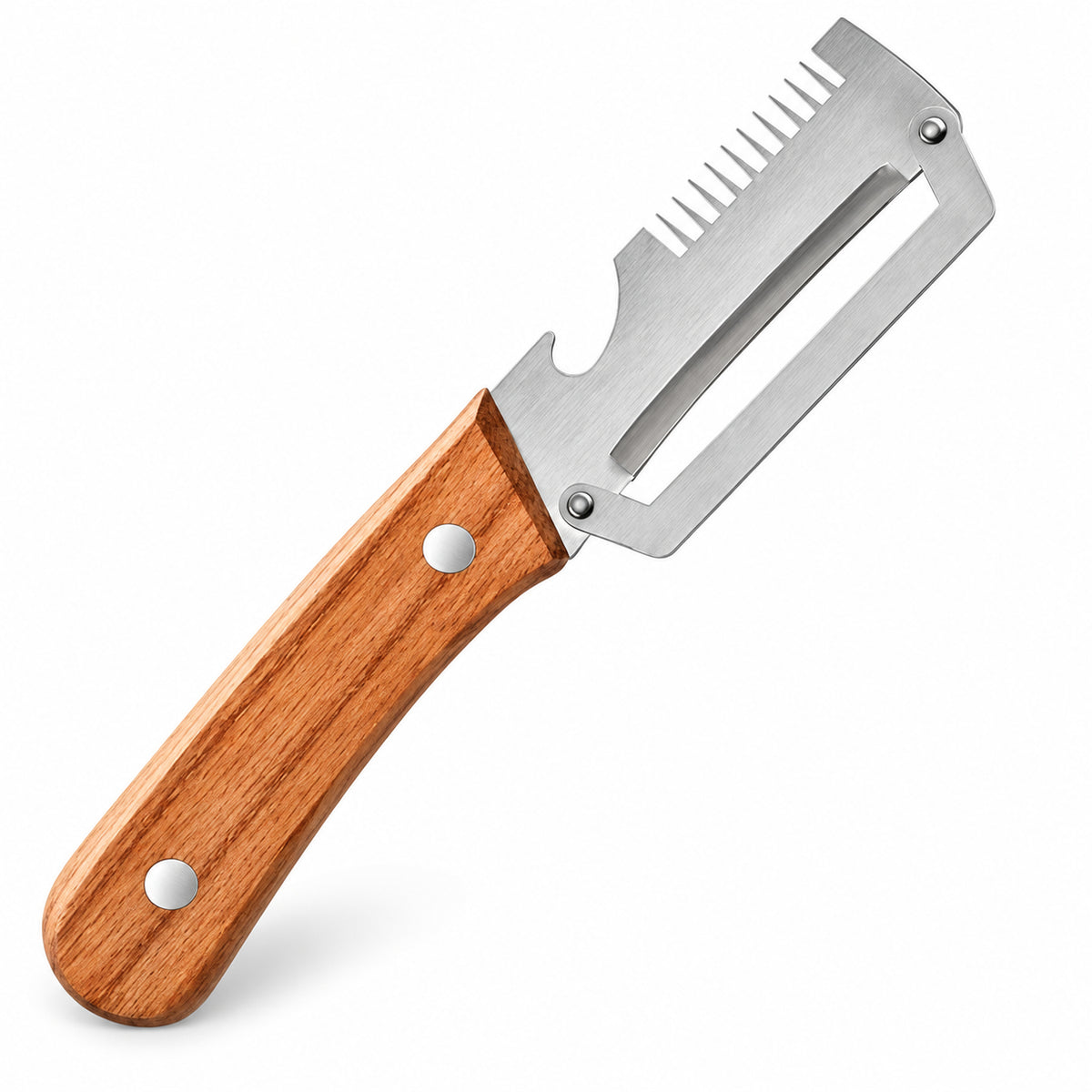 3-in-1 stainless steel vegetable peeler on white background
