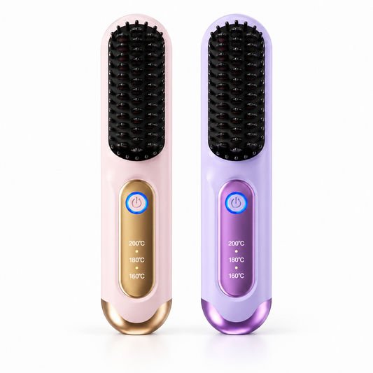 Pink and purple cordless ionic hair straightener brushes on a clean white background