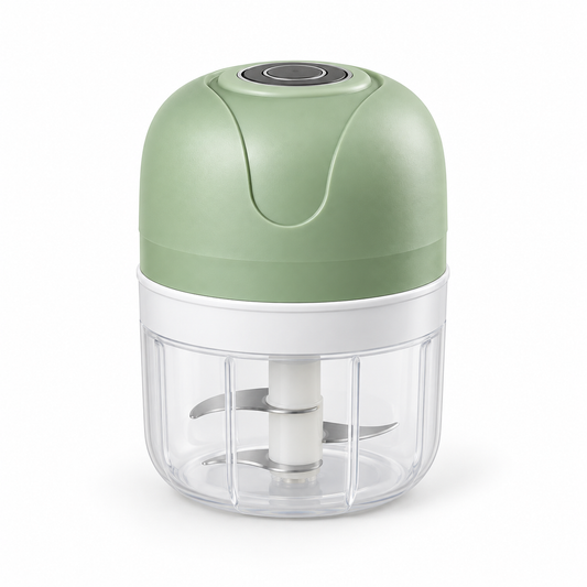 Compact electric garlic chopper on white background
