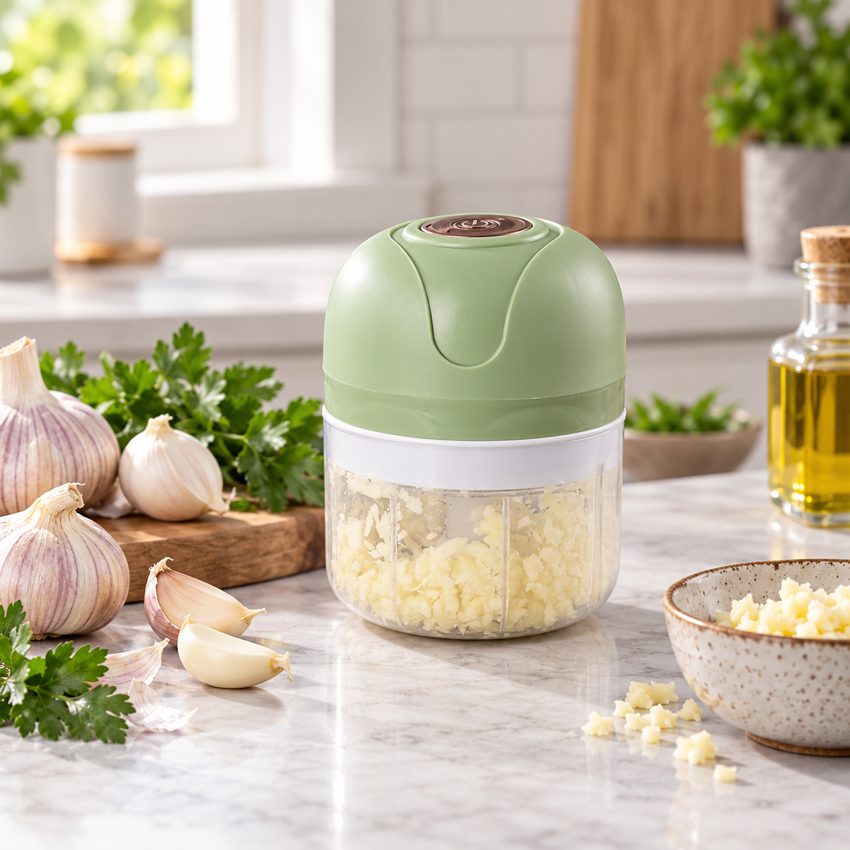Electric garlic chopper with freshly chopped garlic
