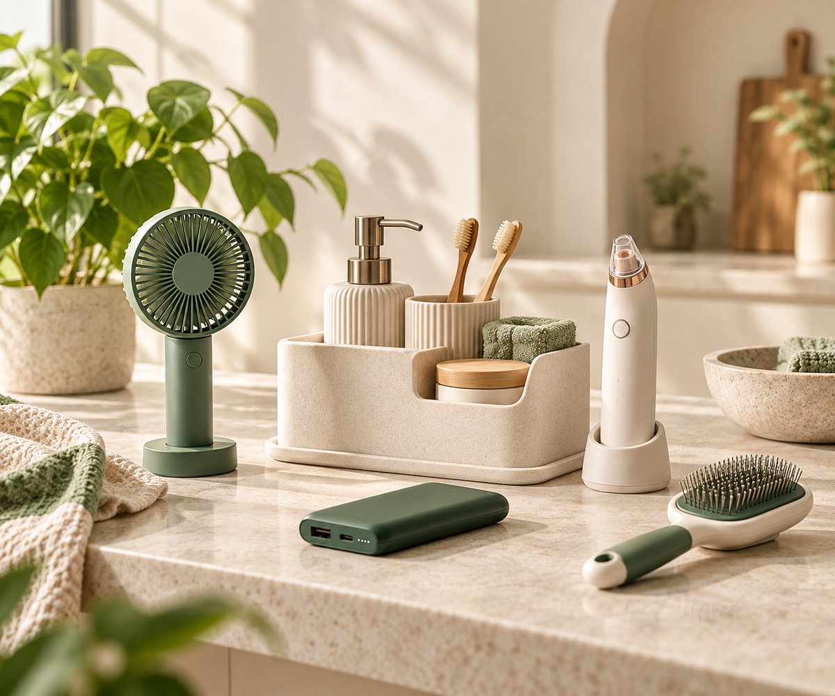 Six white ribbed bathroom accessories with wood-coloured trim