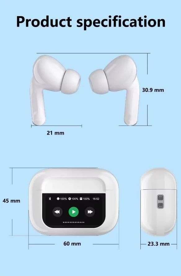 Wireless earbuds dimensions and charging case