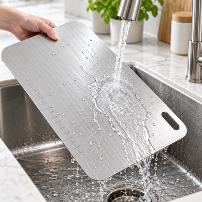 Stainless steel chopping board rinsed under water