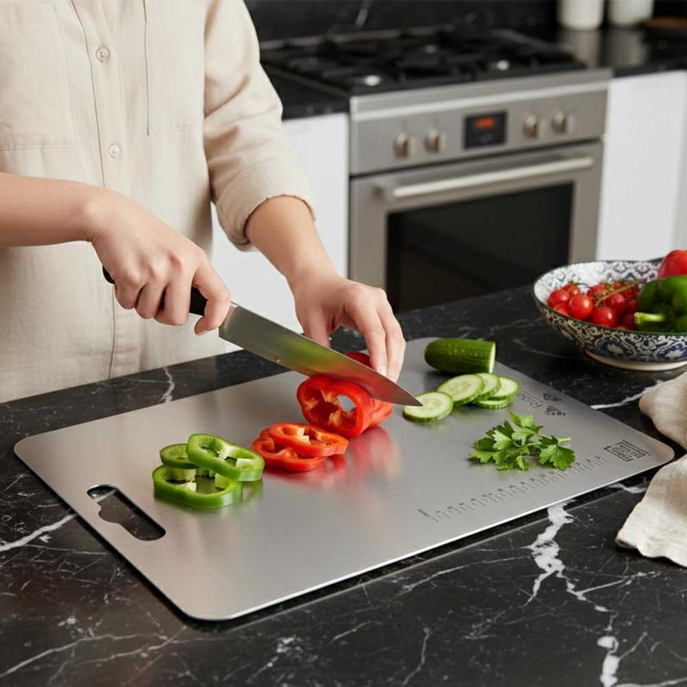 Stainless steel chopping board in use with vegetables