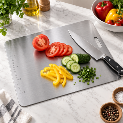 Stainless steel chopping board with fresh vegetables
