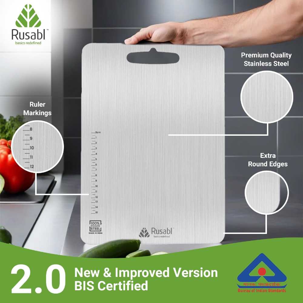 Stainless steel chopping board ruler markings and rounded edges