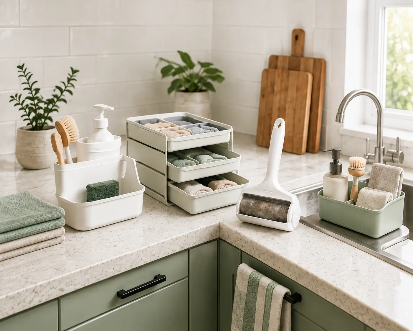 Practical home organisation and cleaning products arranged in a calm kitchen