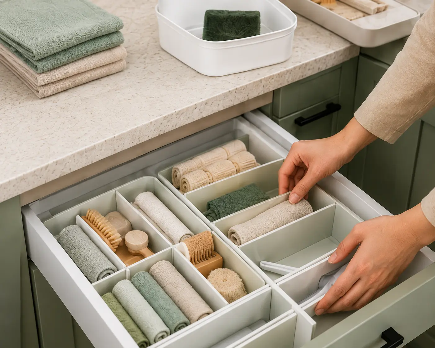 Hands arranging practical items in a tidy kitchen drawer