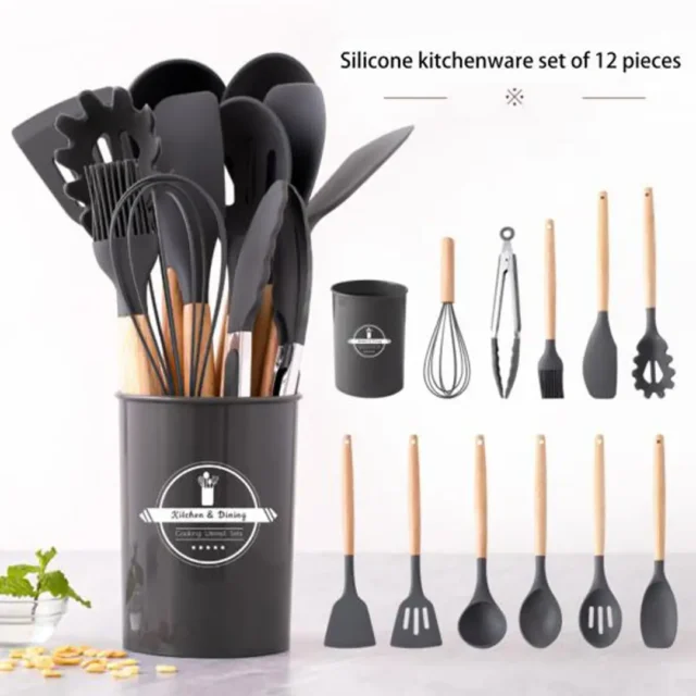 12-Piece Silicone Kitchen Utensil Set with Wooden Handles